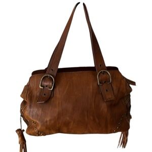 Capacciou large brown Leather bag  side zip pockets 2  long leather tassels